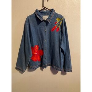 Vintage Tantrums Denim Jacket XL Button Up Floral Applique Embroidered